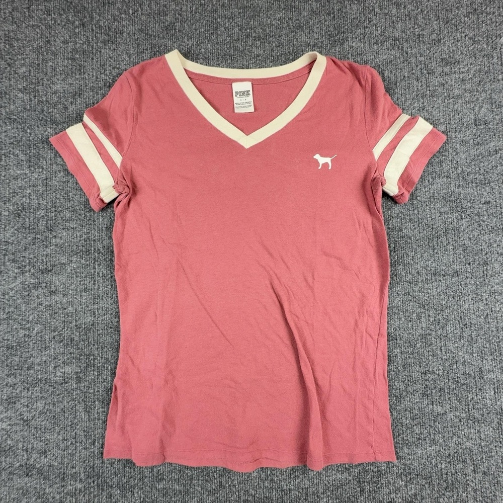 Y2K PINK Victoria's Secret Shirt Womens Small Pink V Neck Ringer Dog Logo Tee